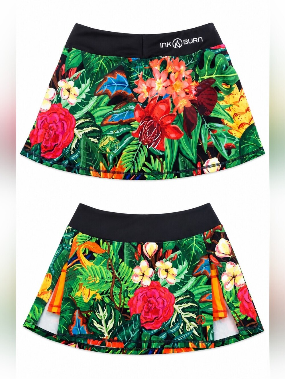 INKnBURN Tropical Floral Athletic Skort with Orange Compression Shorts   Size 12